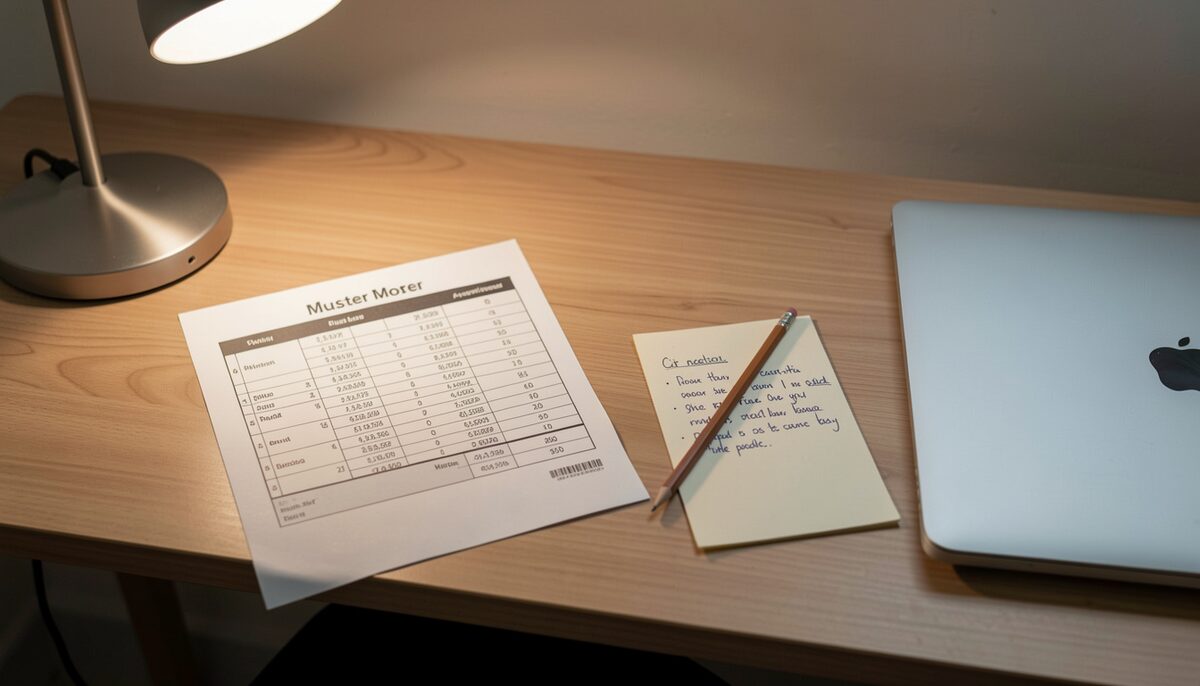 A flat wooden desk lit by a single lamp, holding a printed screenshot of a digitized muster roll card beside a handwritten index card of citation notes, a pencil, and a closed laptop.