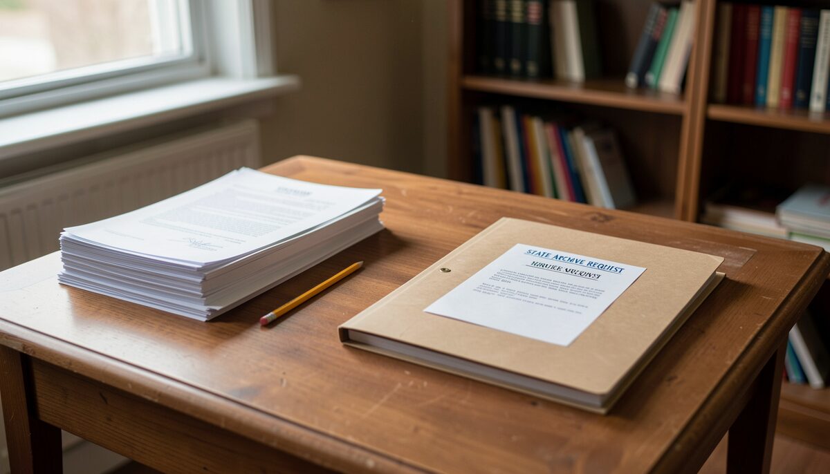 A wooden reading room table holds a stack of state archive request forms, a pencil, and a closed archival folder with a typed label, under soft overhead light.