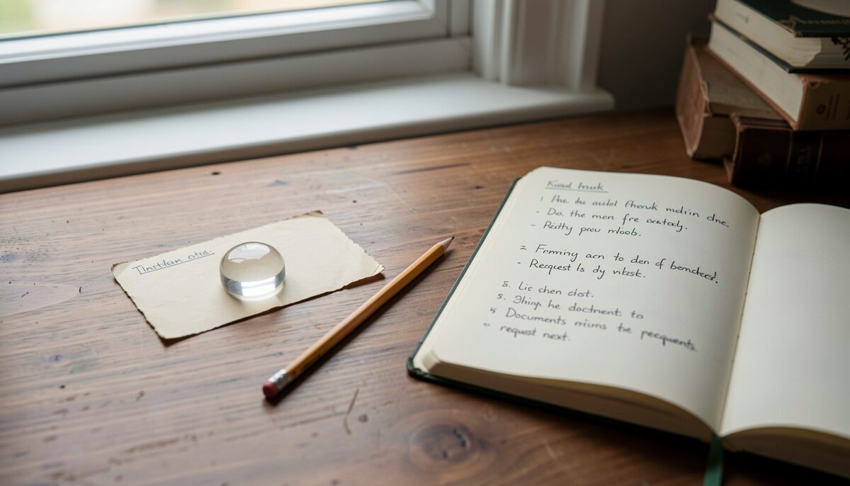 A wooden desk under a window, with a single aged index card held flat by a small glass paperweight, a pencil, and an open notebook with handwritten citation entries and a short list of documents to request next.