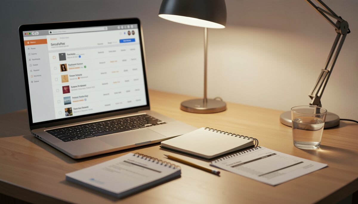 A researcher's desk under a warm lamp, a modern laptop screen showing a blurred archival index listing beside a spiral notebook, a pencil, a paper order form, and a glass of water, with no readable personal data visible.