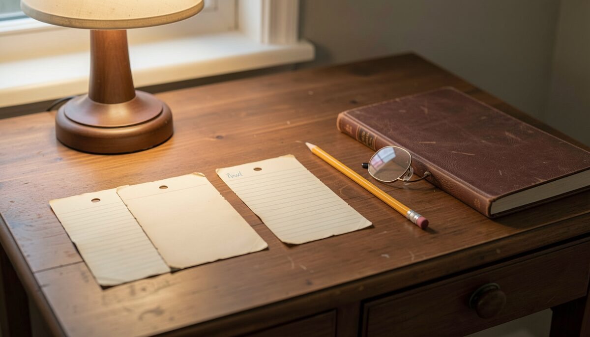 A small wooden writing desk with a warm lamp, three aged index cards laid side by side, a closed notebook, a sharpened pencil and a pair of reading glasses resting at the edge of the papers.