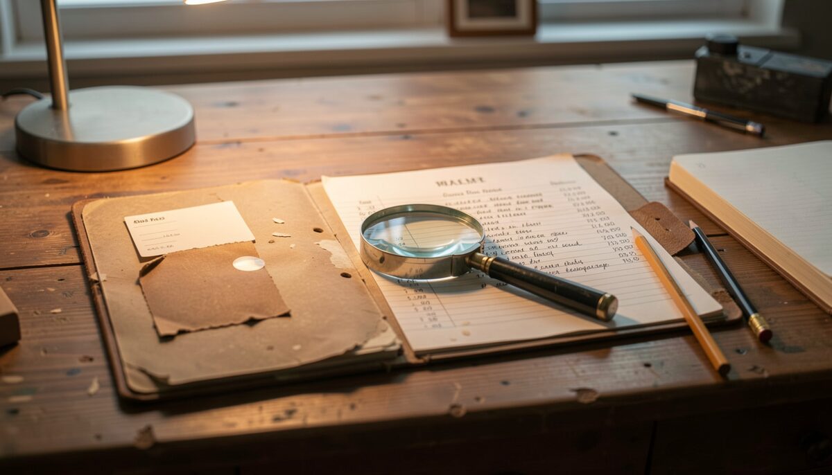A weathered index card folder open on a wooden research table under warm lamp light, with a magnifying glass resting on a handwritten roster sheet and a pencil and notebook beside it, no people visible.