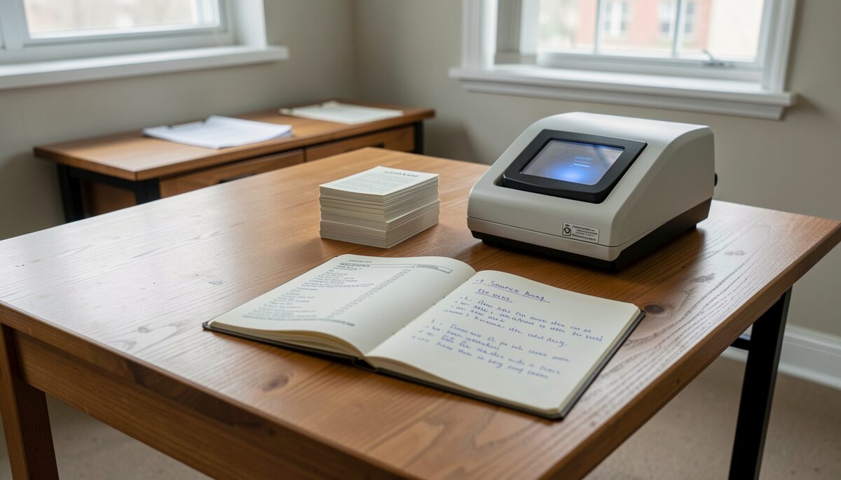 A wooden reading table in a research room, with a microfilm reader glowing beside a stack of printed index cards and a handwritten source log open to a page of dated notes.
