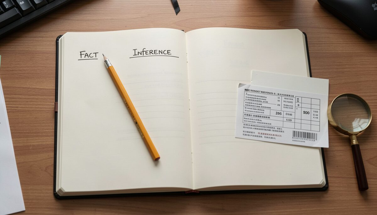 A researcher's desk seen from above: an open notebook with two columns headed Fact and Inference, a pencil resting across the page, a printed index card reproduction beside it, and a small magnifying glass at the edge of the frame.