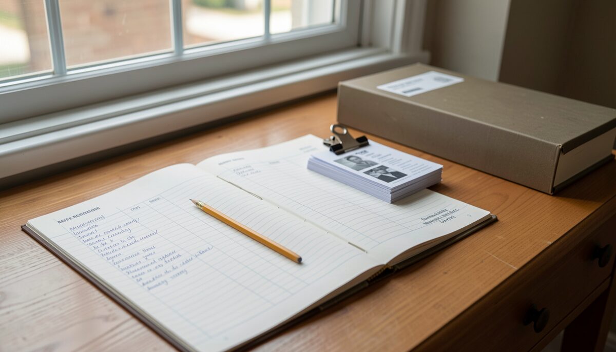 A wooden desk beside a window with a neat paper research log open to a ruled page of handwritten columns, a pencil, a small stack of photocopied record cards held by a clip, and a closed archival box resting at the edge of the frame.